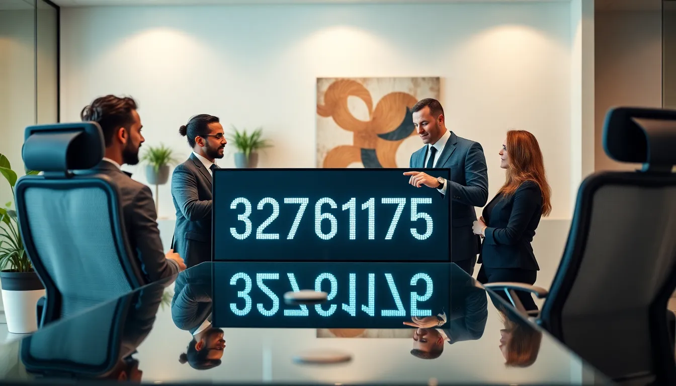 diverse team discussing significance of the number 3273612755 in a modern office.